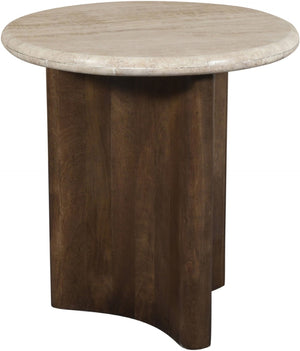 Meridian Furniture Pietra Travertine Top Mango Wood Fluted Pedestal End Table for Living Room 77014Brown-ET