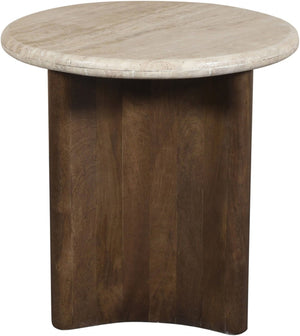 Meridian Furniture Pietra Travertine Top Mango Wood Fluted Pedestal End Table for Living Room 77014Brown-ET