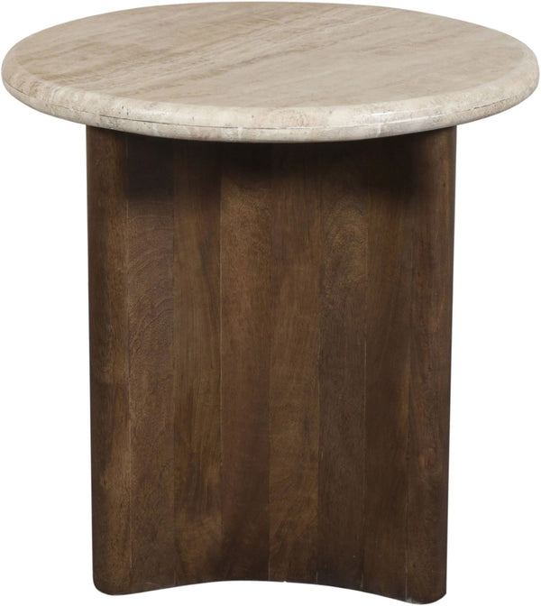 Meridian Furniture Pietra Travertine Top Mango Wood Fluted Pedestal End Table for Living Room 77014Brown-ET