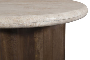 Meridian Furniture Pietra Travertine Top Mango Wood Fluted Pedestal End Table for Living Room 77014Brown-ET