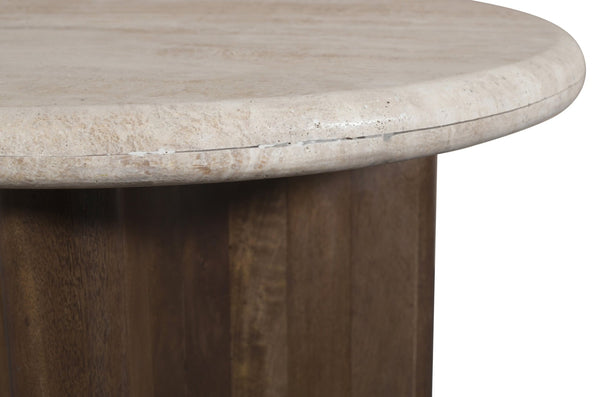 Meridian Furniture Pietra Travertine Top Mango Wood Fluted Pedestal End Table for Living Room 77014Brown-ET