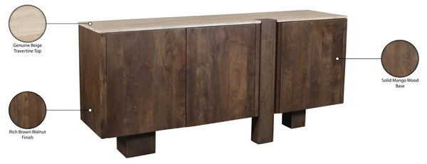 Meridian Furniture Pietra Travertine Top Mango Wood Buffet with Fluted Drum Base Art Deco Sideboard 77015Brown