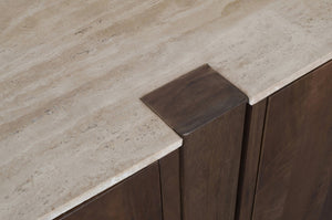 Meridian Furniture Pietra Travertine Top Mango Wood Buffet with Fluted Drum Base Art Deco Sideboard 77015Brown