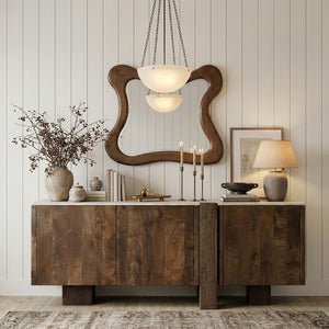 Meridian Furniture Pietra Travertine Top Mango Wood Buffet with Fluted Drum Base Art Deco Sideboard 77015Brown