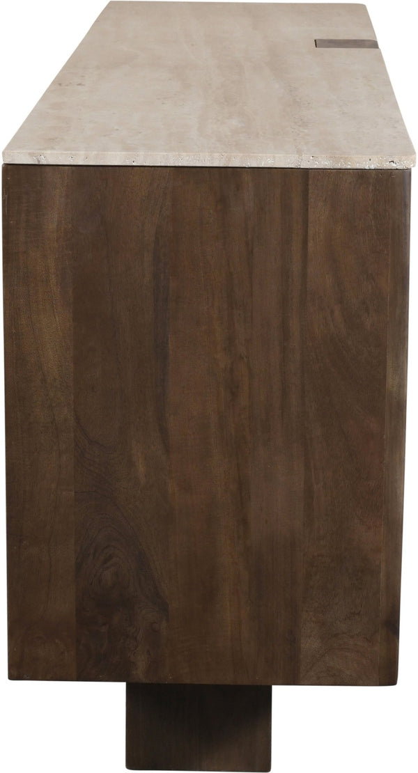 Meridian Furniture Pietra Travertine Top Mango Wood Buffet with Fluted Drum Base Art Deco Sideboard 77015Brown