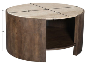 Meridian Furniture Solstice Round Travertine Top Coffee Table with Fluted Mango Wood Drum Base 77016Brown-CT