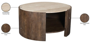 Meridian Furniture Solstice Round Travertine Top Coffee Table with Fluted Mango Wood Drum Base 77016Brown-CT