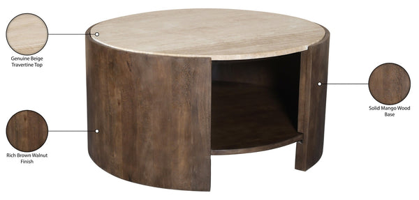 Meridian Furniture Solstice Round Travertine Top Coffee Table with Fluted Mango Wood Drum Base 77016Brown-CT