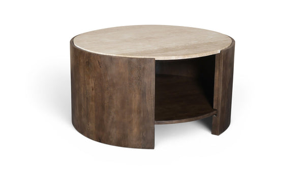 Meridian Furniture Solstice Round Travertine Top Coffee Table with Fluted Mango Wood Drum Base 77016Brown-CT
