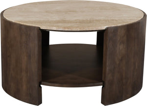 Meridian Furniture Solstice Round Travertine Top Coffee Table with Fluted Mango Wood Drum Base 77016Brown-CT