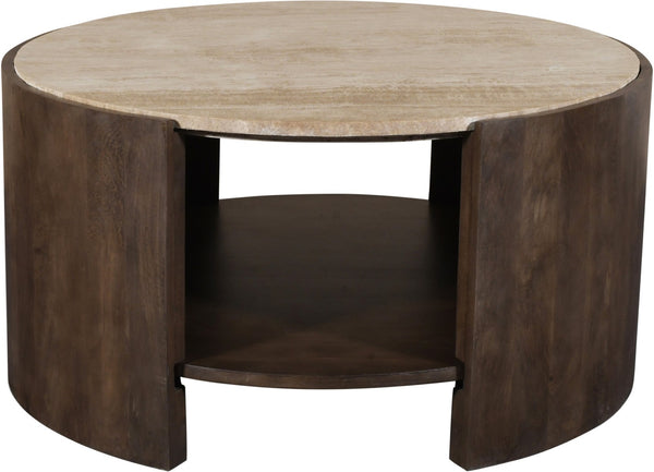 Meridian Furniture Solstice Round Travertine Top Coffee Table with Fluted Mango Wood Drum Base 77016Brown-CT