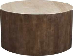 Meridian Furniture Solstice Round Travertine Top Coffee Table with Fluted Mango Wood Drum Base 77016Brown-CT