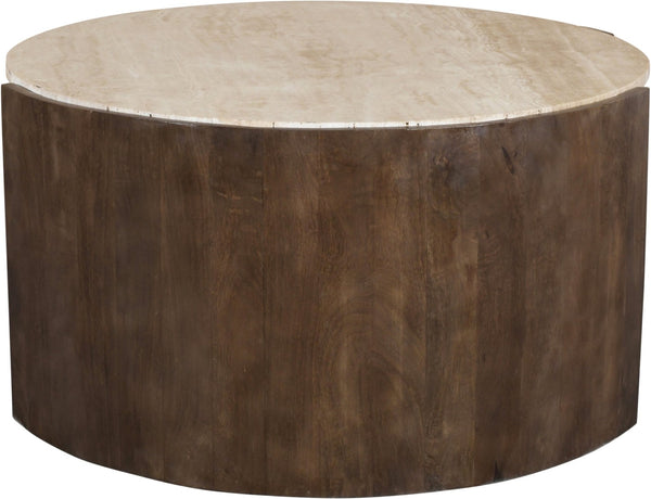 Meridian Furniture Solstice Round Travertine Top Coffee Table with Fluted Mango Wood Drum Base 77016Brown-CT