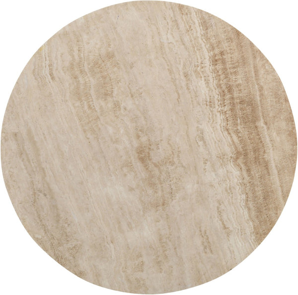 Meridian Furniture Solstice Round Travertine Top Coffee Table with Fluted Mango Wood Drum Base 77016Brown-CT