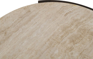 Meridian Furniture Solstice Round Travertine Top Coffee Table with Fluted Mango Wood Drum Base 77016Brown-CT