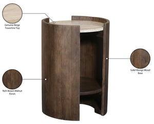 Meridian Furniture Solstice Travertine Top Fluted Mango Wood Drum End Table Art Deco Living Room Accent 77016Brown-ET