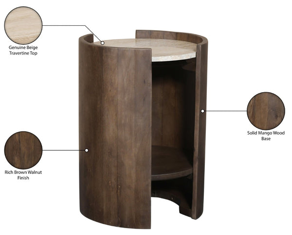 Meridian Furniture Solstice Travertine Top Fluted Mango Wood Drum End Table Art Deco Living Room Accent 77016Brown-ET