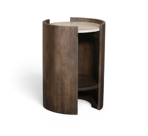 Meridian Furniture Solstice Travertine Top Fluted Mango Wood Drum End Table Art Deco Living Room Accent 77016Brown-ET