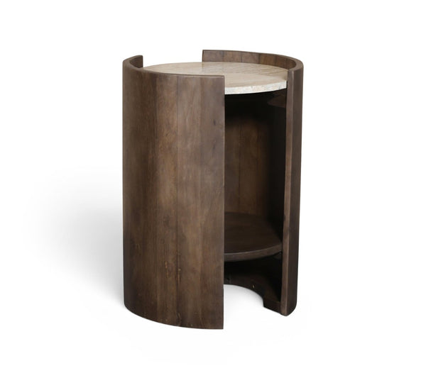 Meridian Furniture Solstice Travertine Top Fluted Mango Wood Drum End Table Art Deco Living Room Accent 77016Brown-ET