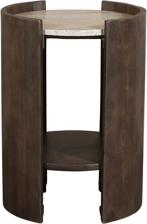 Meridian Furniture Solstice Travertine Top Fluted Mango Wood Drum End Table Art Deco Living Room Accent 77016Brown-ET