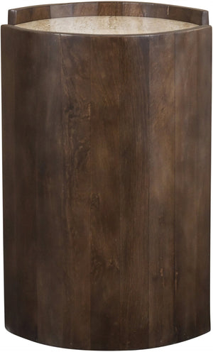 Meridian Furniture Solstice Travertine Top Fluted Mango Wood Drum End Table Art Deco Living Room Accent 77016Brown-ET