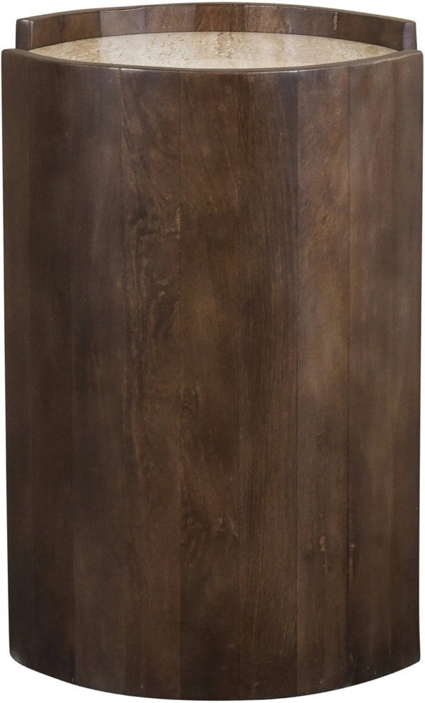 Meridian Furniture Solstice Travertine Top Fluted Mango Wood Drum End Table Art Deco Living Room Accent 77016Brown-ET