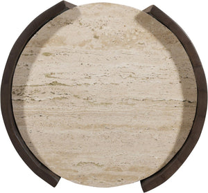 Meridian Furniture Solstice Travertine Top Fluted Mango Wood Drum End Table Art Deco Living Room Accent 77016Brown-ET