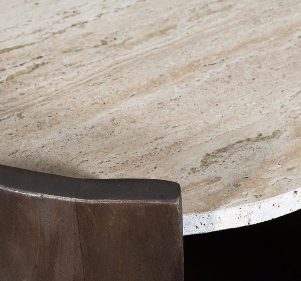 Meridian Furniture Solstice Travertine Top Fluted Mango Wood Drum End Table Art Deco Living Room Accent 77016Brown-ET