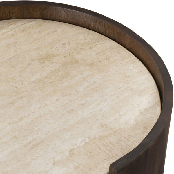 Meridian Furniture Solstice Travertine Top Fluted Mango Wood Drum End Table Art Deco Living Room Accent 77016Brown-ET