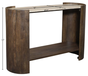 Meridian Furniture Solstice Travertine Top Fluted Mango Wood Console Art Deco Entryway Statement 77016Brown-ST