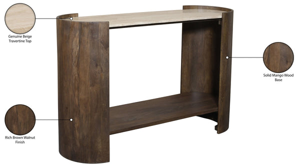 Meridian Furniture Solstice Travertine Top Fluted Mango Wood Console Art Deco Entryway Statement 77016Brown-ST