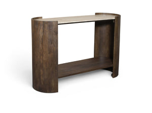 Meridian Furniture Solstice Travertine Top Fluted Mango Wood Console Art Deco Entryway Statement 77016Brown-ST