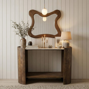 Meridian Furniture Solstice Travertine Top Fluted Mango Wood Console Art Deco Entryway Statement 77016Brown-ST