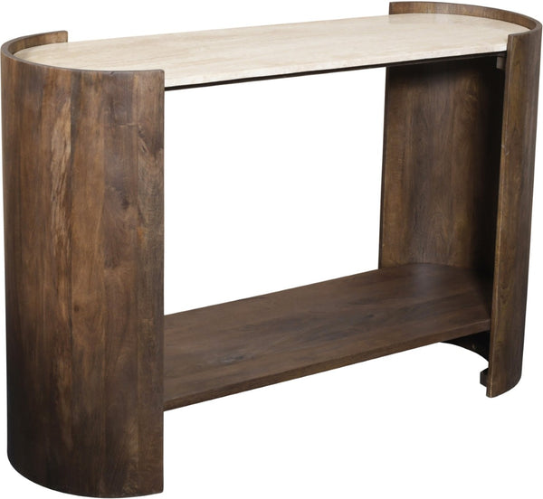 Meridian Furniture Solstice Travertine Top Fluted Mango Wood Console Art Deco Entryway Statement 77016Brown-ST
