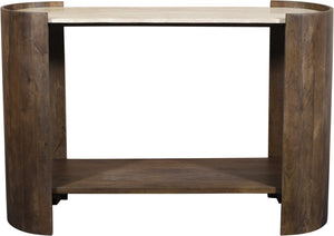 Meridian Furniture Solstice Travertine Top Fluted Mango Wood Console Art Deco Entryway Statement 77016Brown-ST