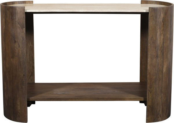 Meridian Furniture Solstice Travertine Top Fluted Mango Wood Console Art Deco Entryway Statement 77016Brown-ST