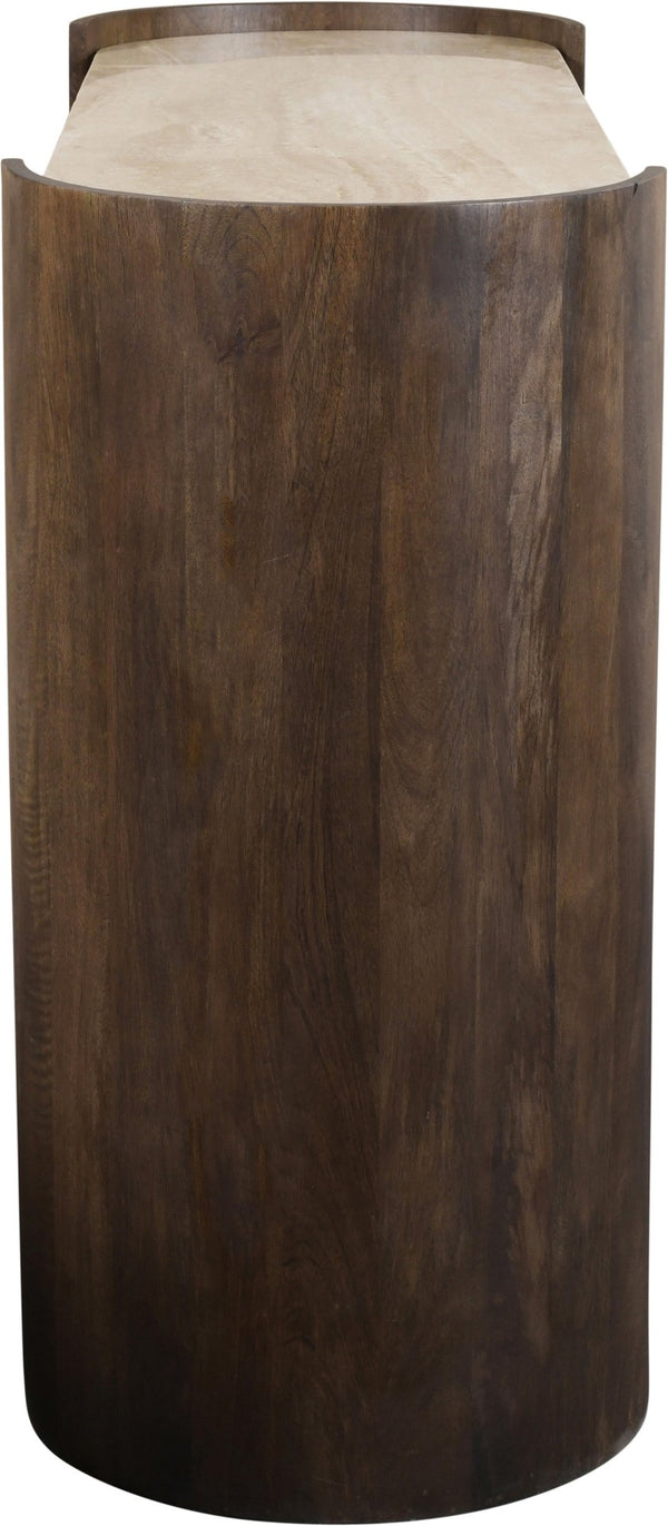 Meridian Furniture Solstice Travertine Top Fluted Mango Wood Console Art Deco Entryway Statement 77016Brown-ST