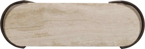 Meridian Furniture Solstice Travertine Top Fluted Mango Wood Console Art Deco Entryway Statement 77016Brown-ST