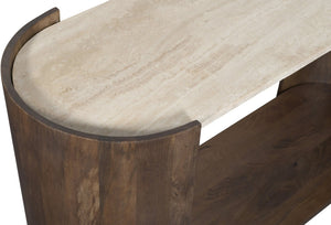 Meridian Furniture Solstice Travertine Top Fluted Mango Wood Console Art Deco Entryway Statement 77016Brown-ST