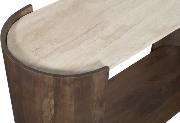 Meridian Furniture Solstice Travertine Top Fluted Mango Wood Console Art Deco Entryway Statement 77016Brown-ST