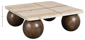 Meridian Furniture Strata Travertine Top Fluted Mango Wood Round Coffee Table Art Deco Living Room 77017Brown-CT