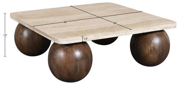 Meridian Furniture Strata Travertine Top Fluted Mango Wood Round Coffee Table Art Deco Living Room 77017Brown-CT