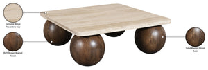 Meridian Furniture Strata Travertine Top Fluted Mango Wood Round Coffee Table Art Deco Living Room 77017Brown-CT