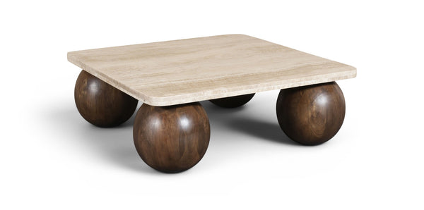 Meridian Furniture Strata Travertine Top Fluted Mango Wood Round Coffee Table Art Deco Living Room 77017Brown-CT