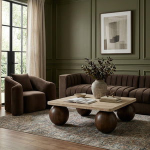 Meridian Furniture Strata Travertine Top Fluted Mango Wood Round Coffee Table Art Deco Living Room 77017Brown-CT