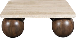 Meridian Furniture Strata Travertine Top Fluted Mango Wood Round Coffee Table Art Deco Living Room 77017Brown-CT