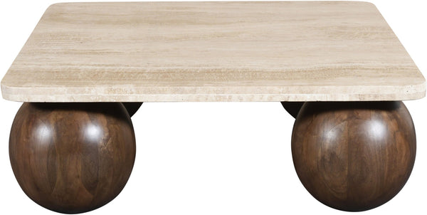 Meridian Furniture Strata Travertine Top Fluted Mango Wood Round Coffee Table Art Deco Living Room 77017Brown-CT