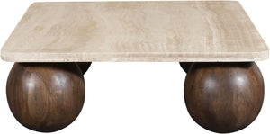 Meridian Furniture Strata Travertine Top Fluted Mango Wood Round Coffee Table Art Deco Living Room 77017Brown-CT