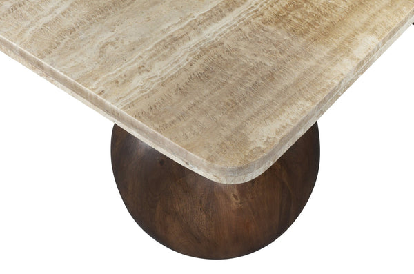 Meridian Furniture Strata Travertine Top Fluted Mango Wood Round Coffee Table Art Deco Living Room 77017Brown-CT