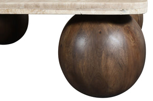 Meridian Furniture Strata Travertine Top Fluted Mango Wood Round Coffee Table Art Deco Living Room 77017Brown-CT